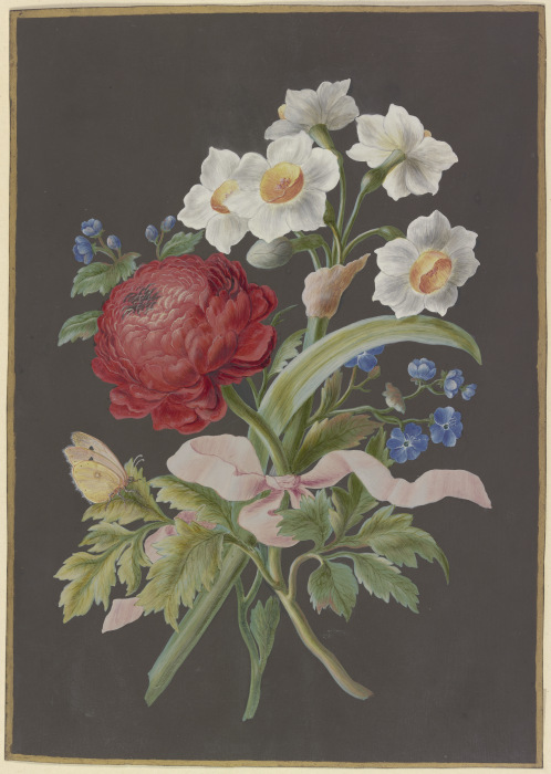 Blumengebinde mit roter Ranunkel (Ranunculus), weißer Tazette (Narcissus tazetta) und blauer Blume ( a Barbara Regina Dietzsch