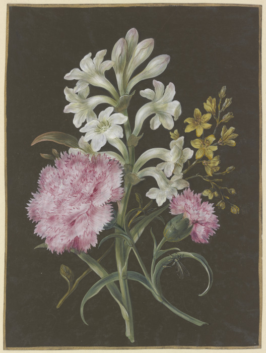 Gesteck aus Tuberose (Polyanthes), rosa Nelke (Dianthus) und gelber Blume mit Fliege a Barbara Regina Dietzsch