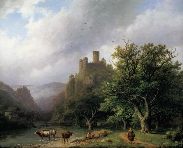 A River Landscape with a Ruined Castle a Barend Cornelisz. Koekkoek