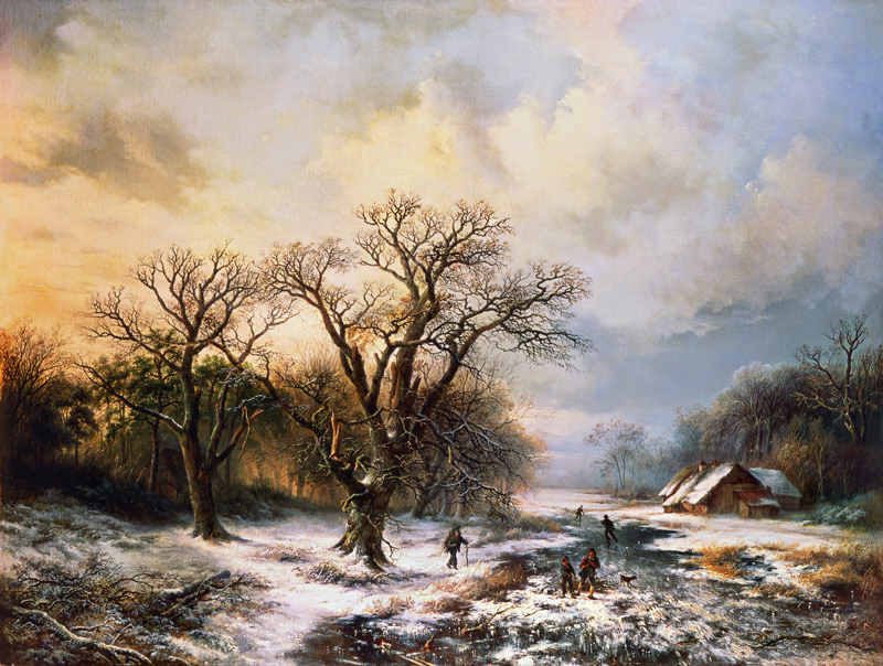 Winter landscape with ice-skaters and brushwood collectors a Barend Cornelisz. Koekkoek