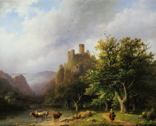 Riverside with castle ruin a Barend Cornelisz. Koekkoek