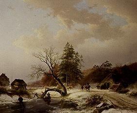 Winter landscape with brushwood collectors