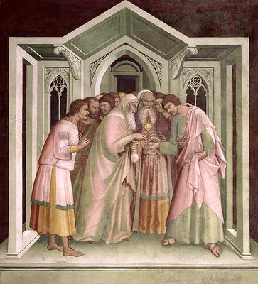 Judas Receiving Payment for his Betrayal, from a series of Scenes of the New Testament (fresco) a Barna  da Siena