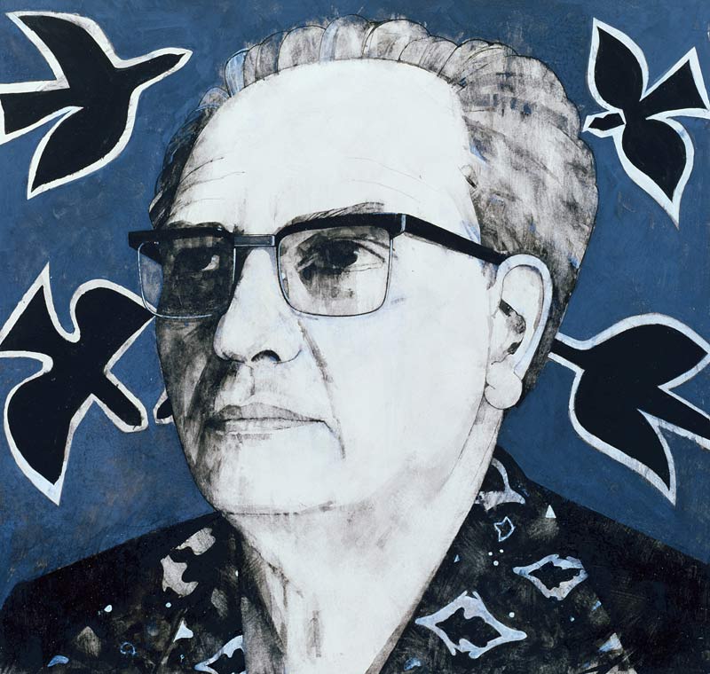 Portrait of Olivier Messiaen, illustration for The Sunday Times, 1970s a Barry  Fantoni