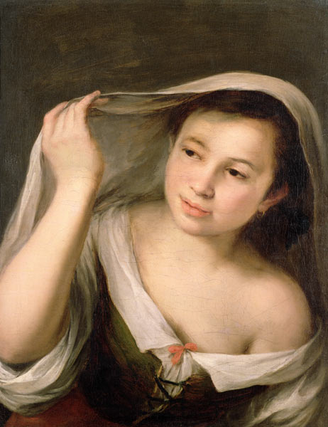 A young girl raising her veil a Bartolomé Esteban Perez Murillo