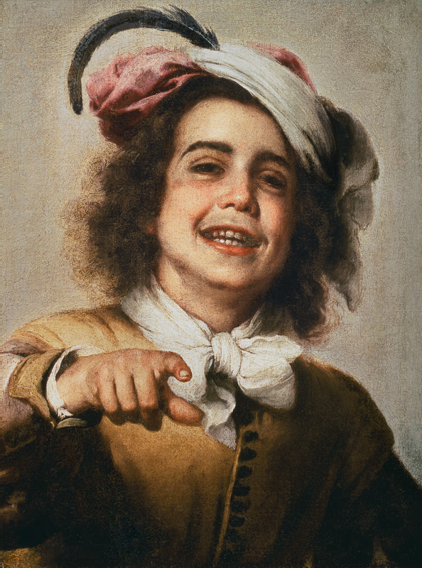 Laughing boy with a feather adorned headdress. a Bartolomé Esteban Perez Murillo