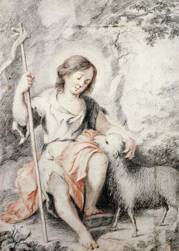 The Young John the Baptist with the Lamb in a Rocky Landscape (red and black chalk on paper) a Bartolomé Esteban Perez Murillo