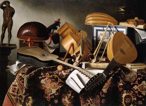 Musical instruments, sheets of music and books a Bartolomeo Bettera