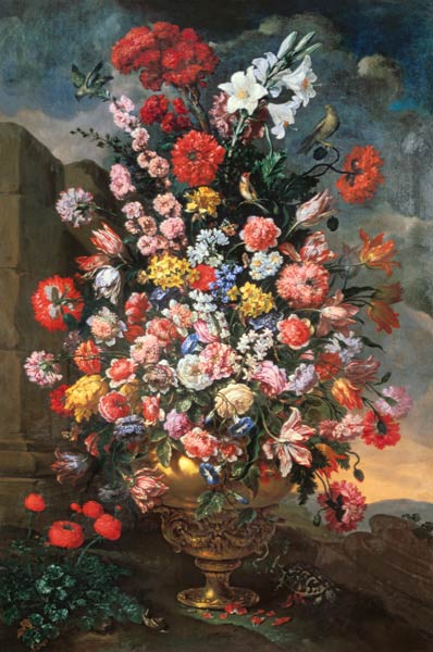 Lilies, Tulips, Carnations, Peonies,  Convolvuli And Other Flowers In A Bronze Urn With Birds, A Tor a Bartolomeo del(Il Bimbi) Bimbo
