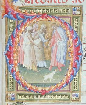 Ms 518 f.1r Historiated initial 'O' depicting Tobias and the Angel (vellum)