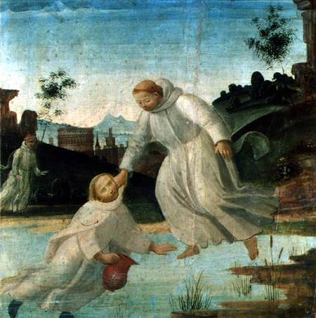 Scenes from the Life of St. Benedict: Maurus, on the instruction of St. Benedict, pulls Placidus fro a Bartolomeo  di Giovanni