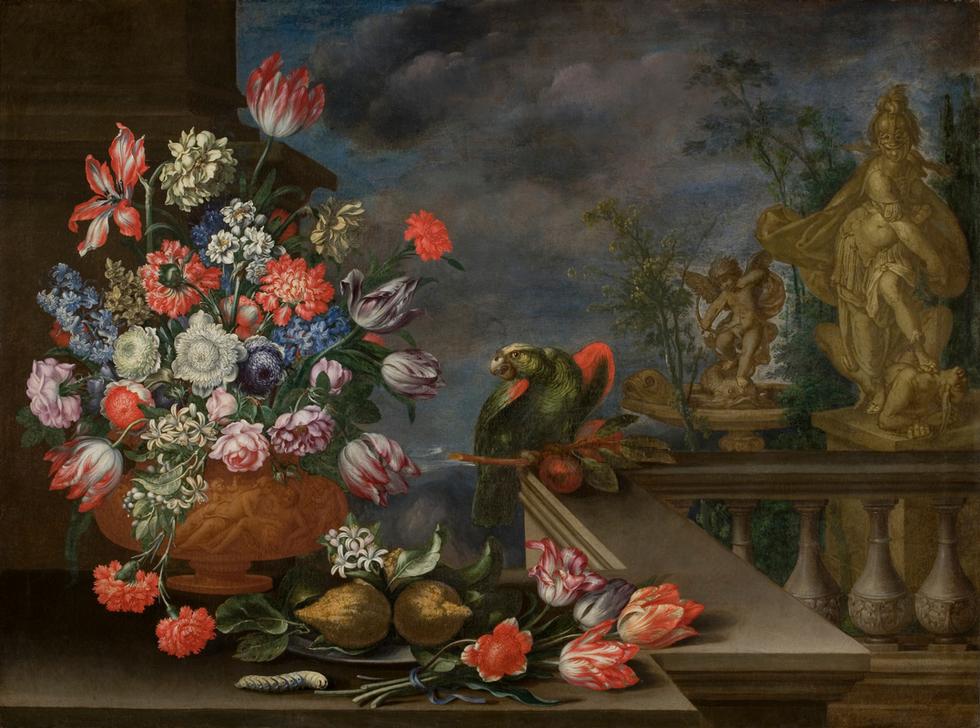 Stillleben mit Blumenvase, Zitrusfrüchten, Papagei und Brunnenskulptur a Bartolomeo Ligozzi