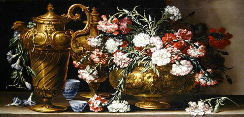Still Life with Pinks in a case and a Florentine ewer on a ledge (oil on canvas) a Bartolommeo Bimbi