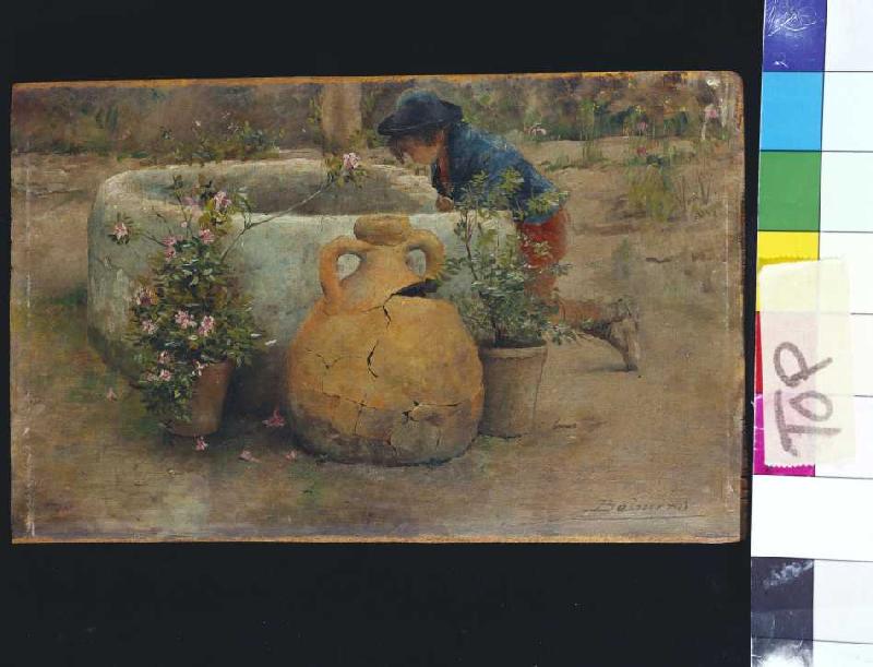 Junge in einen Brunnen schauend a Belmiro Barbosa de Almeida