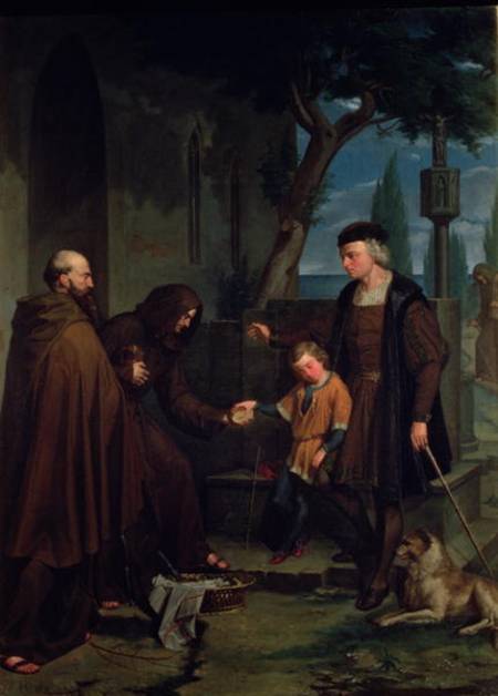 Christopher Columbus at the gates of the monastery of Santa Maria de la Rabida with his son Diego, g a Benito Mercade y Fabregas