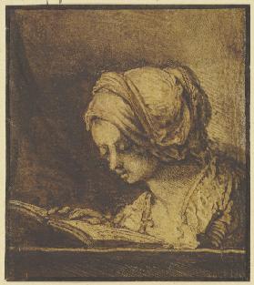Brustbild eines lesenden Mädchens mit Haube