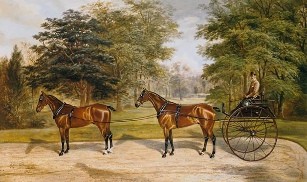 Two horses, harnessed in tandem, pulling a carriage a Benjamin Cam Norton
