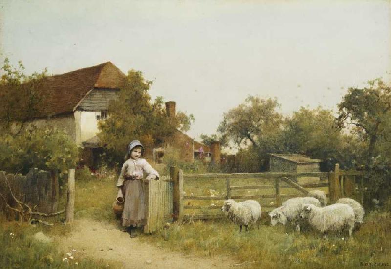 Junges Mädchen mit Schafen vor Hütte. a Benjamin D. Sigmund