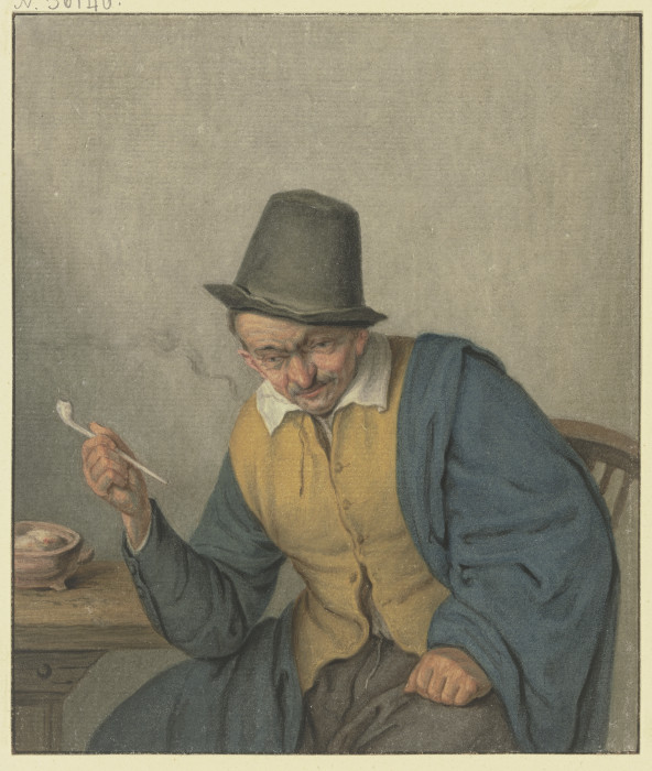 Nachdenkender Bauer an einem Tische sitzend, die Pfeife in der Hand haltend a Benjamin Wolff