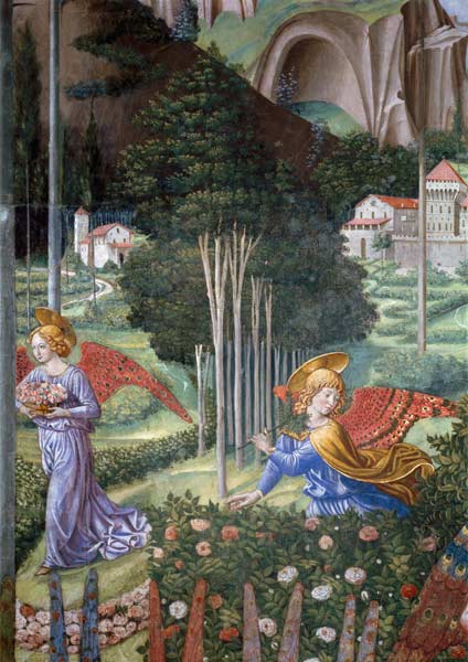 Angel gathering flowers in a heavenly landscape, detail from the Journey of the Magi cycle in the ch a Benozzo Gozzoli
