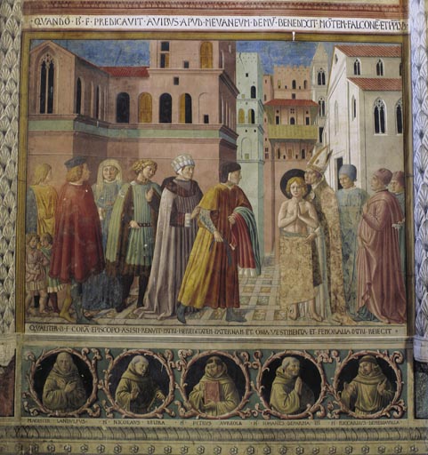Der Heilige Franz von Assisi sagt sich von seinem Vater los und begibt sich in den Schutz des Bischo a Benozzo Gozzoli