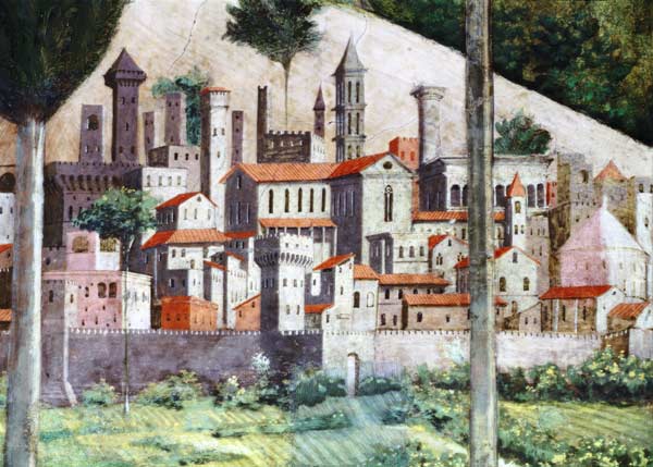 Medieval town, detail from the Journey of the Magi cycle in the chapel a Benozzo Gozzoli