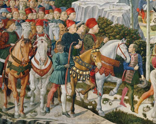 Galeazzo Maria Sforza, Duke of Milan (1444-76), extreme left, on a brown horse and Sigismondo Pandol a Benozzo Gozzoli