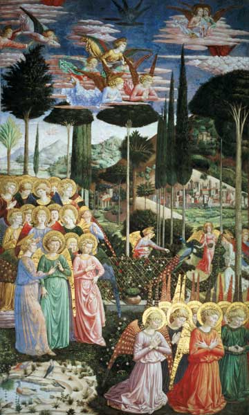 Angels in a heavenly landscape, the left hand wall of the apse from the Journey of the Magi cycle in a Benozzo Gozzoli
