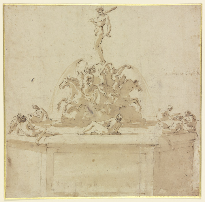 Ein Brunnen, über einer Gruppe von auf Pferden reitenden Tritonen steht Herkules, auf dem Brunnenran a Benvenuto Cellini