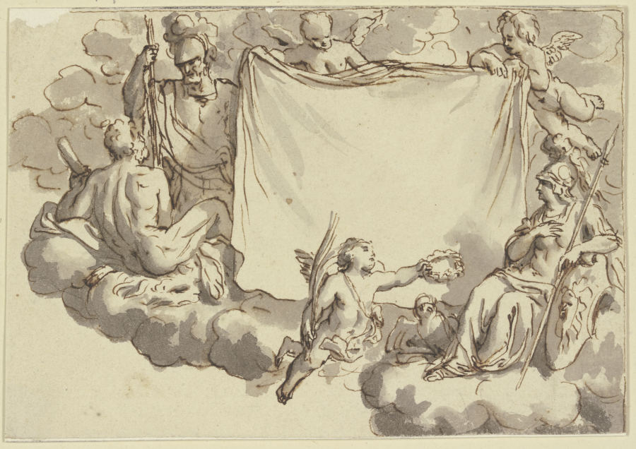 Amoretten halten ein Tuch, rechts Minerva, links Herkules und Mars a Bernard Picart