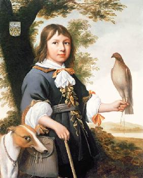 Boy with a falcon and a greyhound