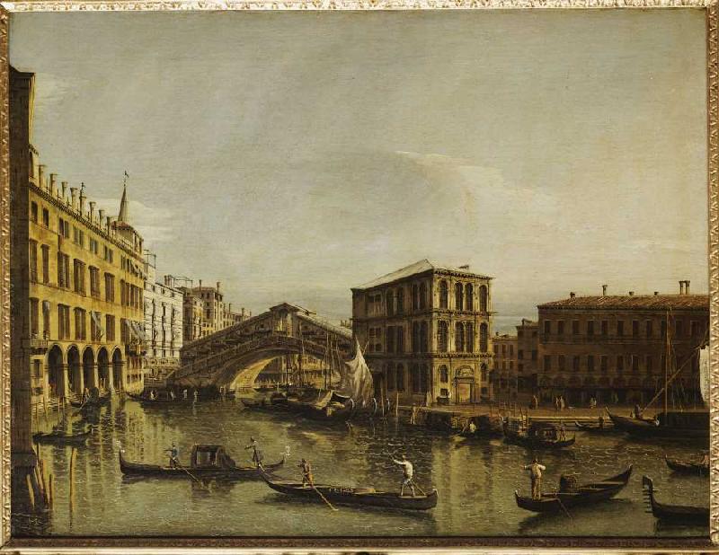 Der Canal Grande in Venedig mit dem Fondaco dei Tedeschi, der Rialtobrücke, dem Palazzo dei Camerlen a Bernardo Bellotto