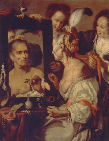 Alte Kokotte vor dem Spiegel (Vanitas-Darstellung) a Bernardo Il Capuccino Strozzi