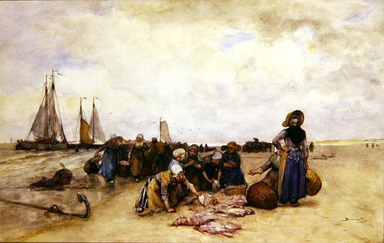 Fish Sale on the Beach a Bernardus Johannes Blommers or Bloomers