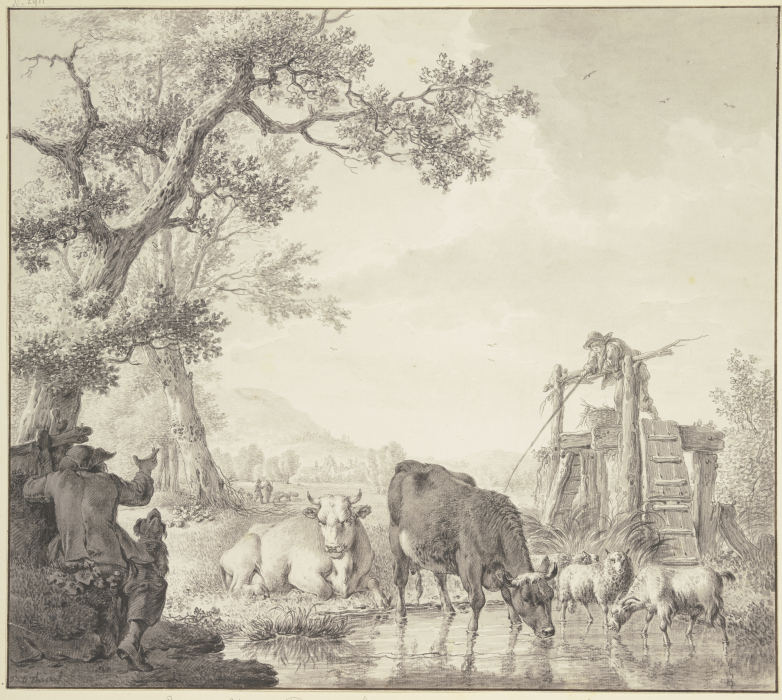 Bei einem Wasser zwei Kühe, zwei Pferde und eine Ziege, links der Hirte mit dem Hunde a Bernhard Heinrich Thier