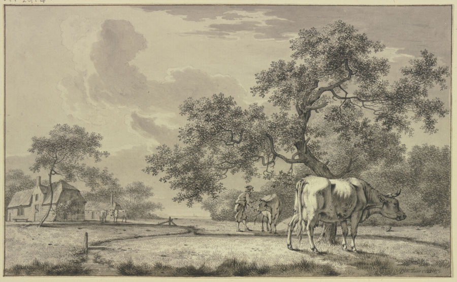 Unter einem Baum ein Bauer bei zwei Kühen a Bernhard Heinrich Thier