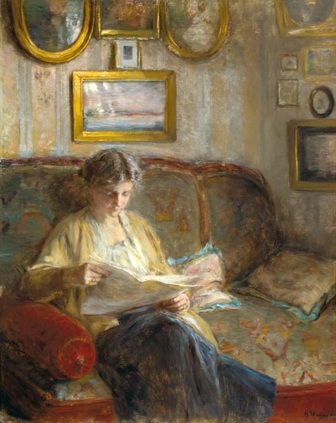 Reading woman in an interior. a Bertha Wegmann