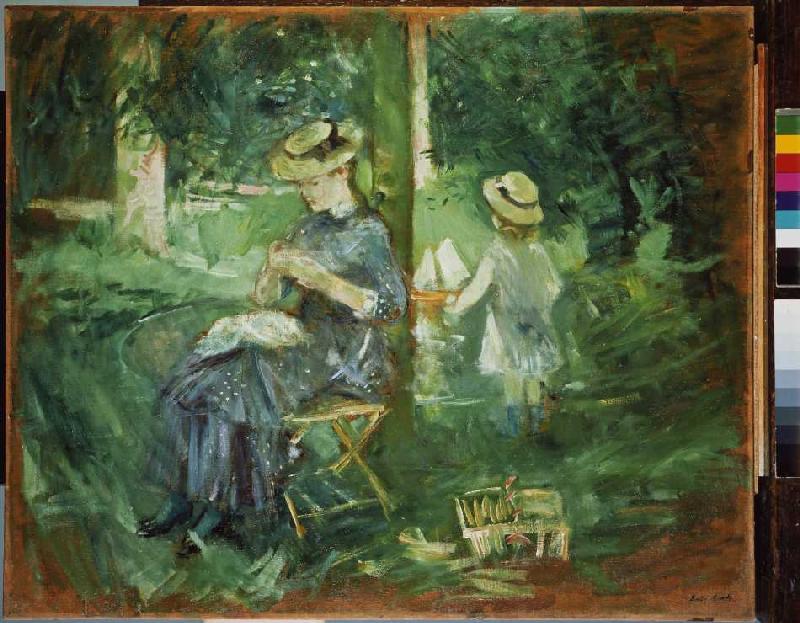 Young woman in the garden doing needlework a Berthe Morisot