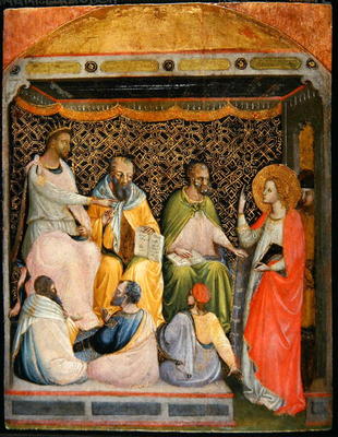 St. Catherine of Alexandria in discussion with the philosophers (tempera on panel) a Bicci  di Lorenzo