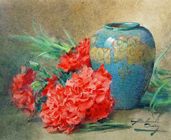 Still Life with Carnations beside a Blue Glazed Vase a Blanche Odin