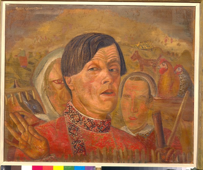 Self-portrait with  the cock and the hen a Boris Dimitrijew. Grigorjew