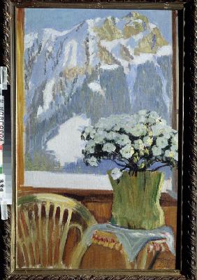 Flowers at the balcony with a view of the mountains