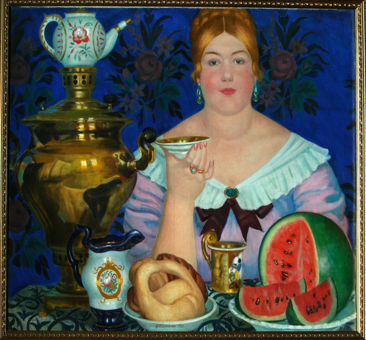 The Merchant's Wife Drinking Tea a Boris Michailowitsch Kustodiew