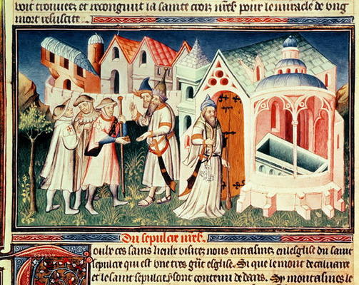 Ms Fr 2810 fol.274 Pilgrims in front of the Church of the Holy Sepulchre of Jerusalem (vellum) a Boucicaut Master