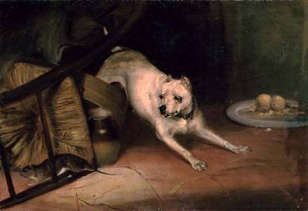 Dog Chasing a Rat a Briton Riviere