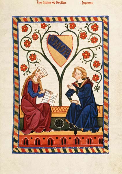 Alram von Gresten mit seiner Dame auf einer Bank a Buchmalerei