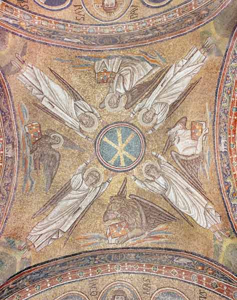 Four angels with the symbols of the evangelists surrounding the chi-rho monogram of Christ, from the a Byzantine School