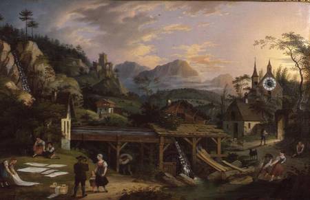 Picture Clock with scene of an Alpine village landscape with clock mechanism in church tower a C. L. Hoffmeister