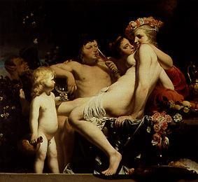 Bacchus with two nymphs and Amor a Caesar Boëtius Everdingen
