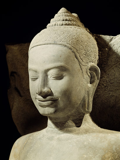 Buddha in Meditation on the Naga King, Mucilinda, detail of Buddha's head, from Preah Khan, Bayon st a Cambodian